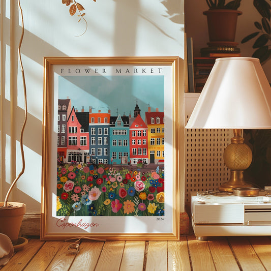 A vibrant illustration of Copenhagen’s flower market, showcasing colorful buildings and an array of flowers in a bustling city street, reflecting the charm of the Danish capital.