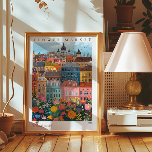 A lively and colorful depiction of a Budapest flower market with vibrant floral arrangements and beautiful Hungarian architecture in the background.