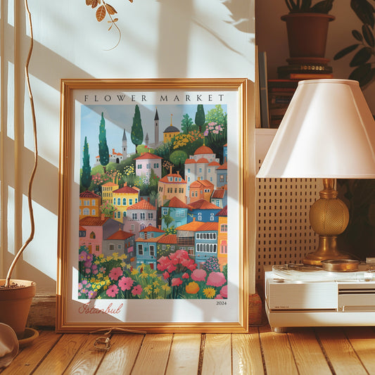 A vibrant poster of Istanbul’s flower market with colorful houses nestled among flowers and cypress trees, reflecting the beauty of Turkish architecture.