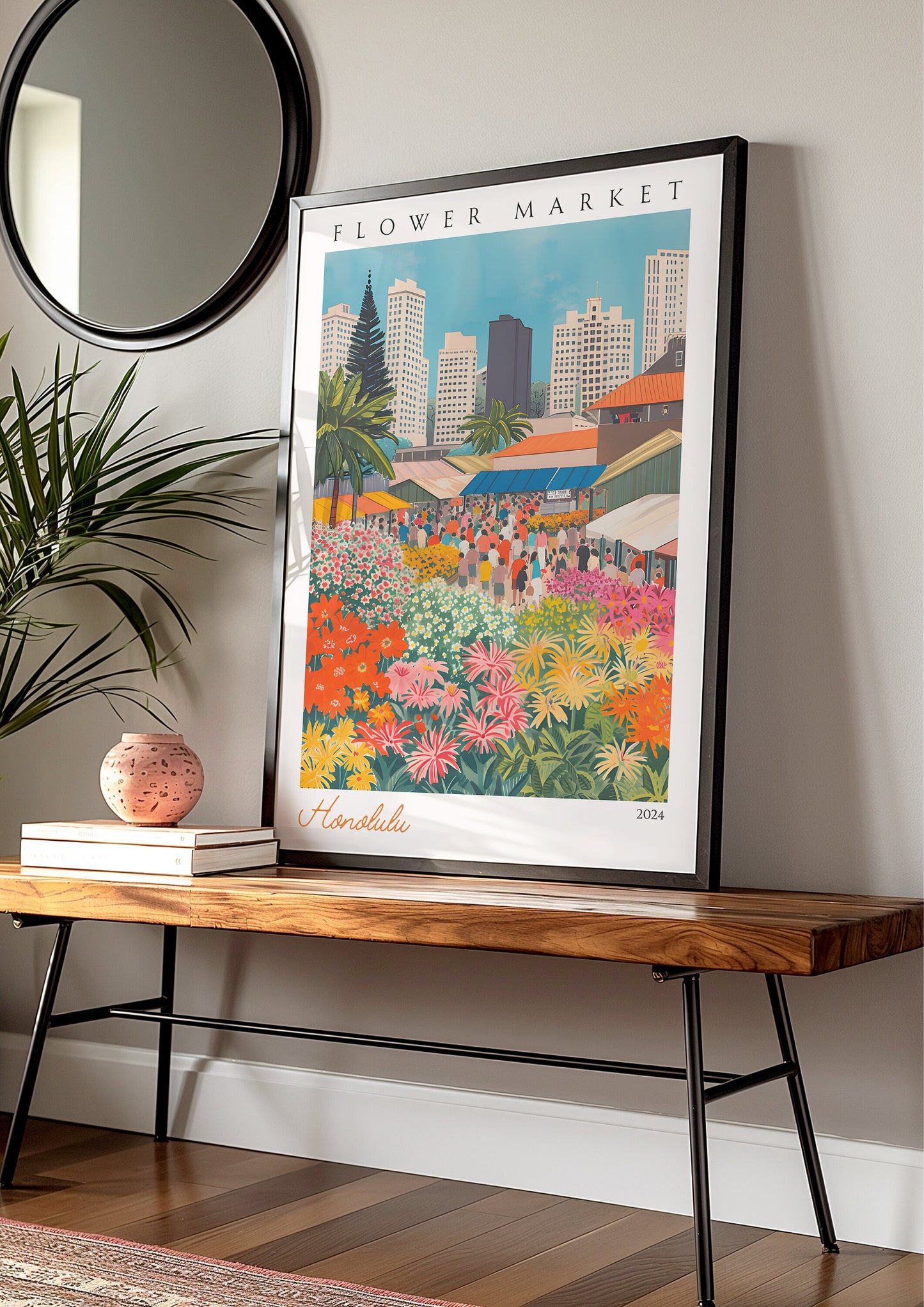 Honolulu Flower Market Poster, Hawaiian Skyline Wall Art, Vibrant City Market Print, Honolulu Urban Market Poster, Tropical Flower Market