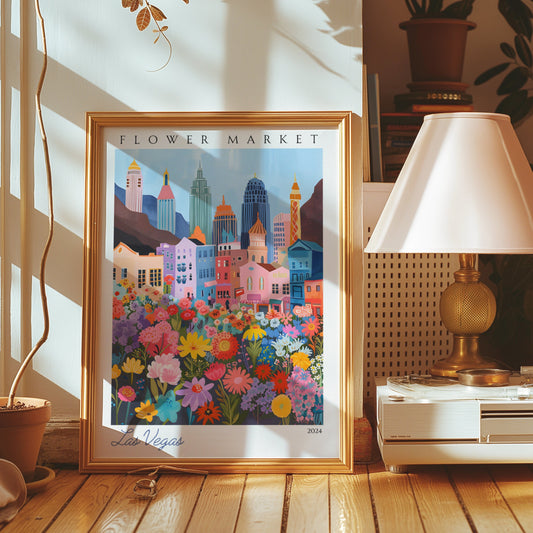 A colorful poster featuring the bustling flower market in Las Vegas, with a vibrant display of flowers in front of the iconic Vegas skyline.