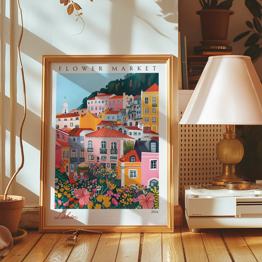 A vibrant poster featuring a colorful flower market scene in Lisbon, with the city’s charming architecture in the background.