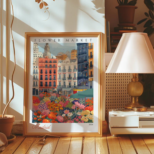 A bright and colorful poster featuring a bustling flower market in Madrid, set against the backdrop of classic Spanish architecture.