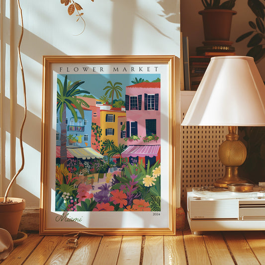 A vibrant poster depicting a colorful flower market in Miami, surrounded by tropical buildings and palm trees.