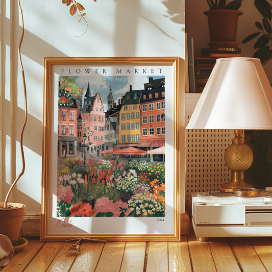 A colorful and vibrant poster featuring Oslo&#39;s bustling flower market, surrounded by charming city buildings.