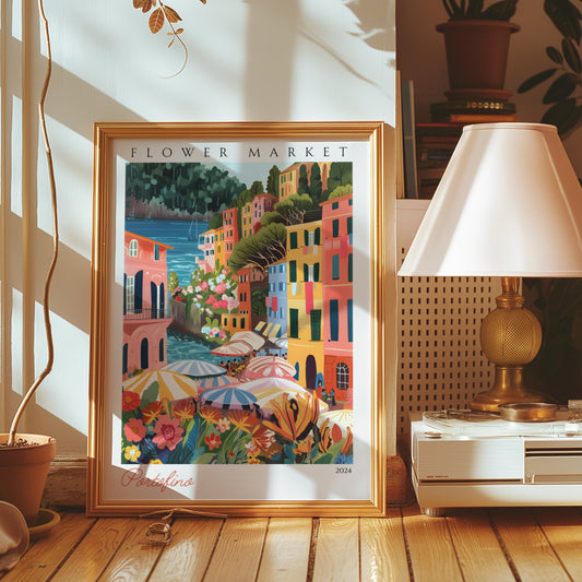 A colorful poster capturing the vibrant flower market of Portofino, nestled in the charming Italian coastal village with colorful buildings.