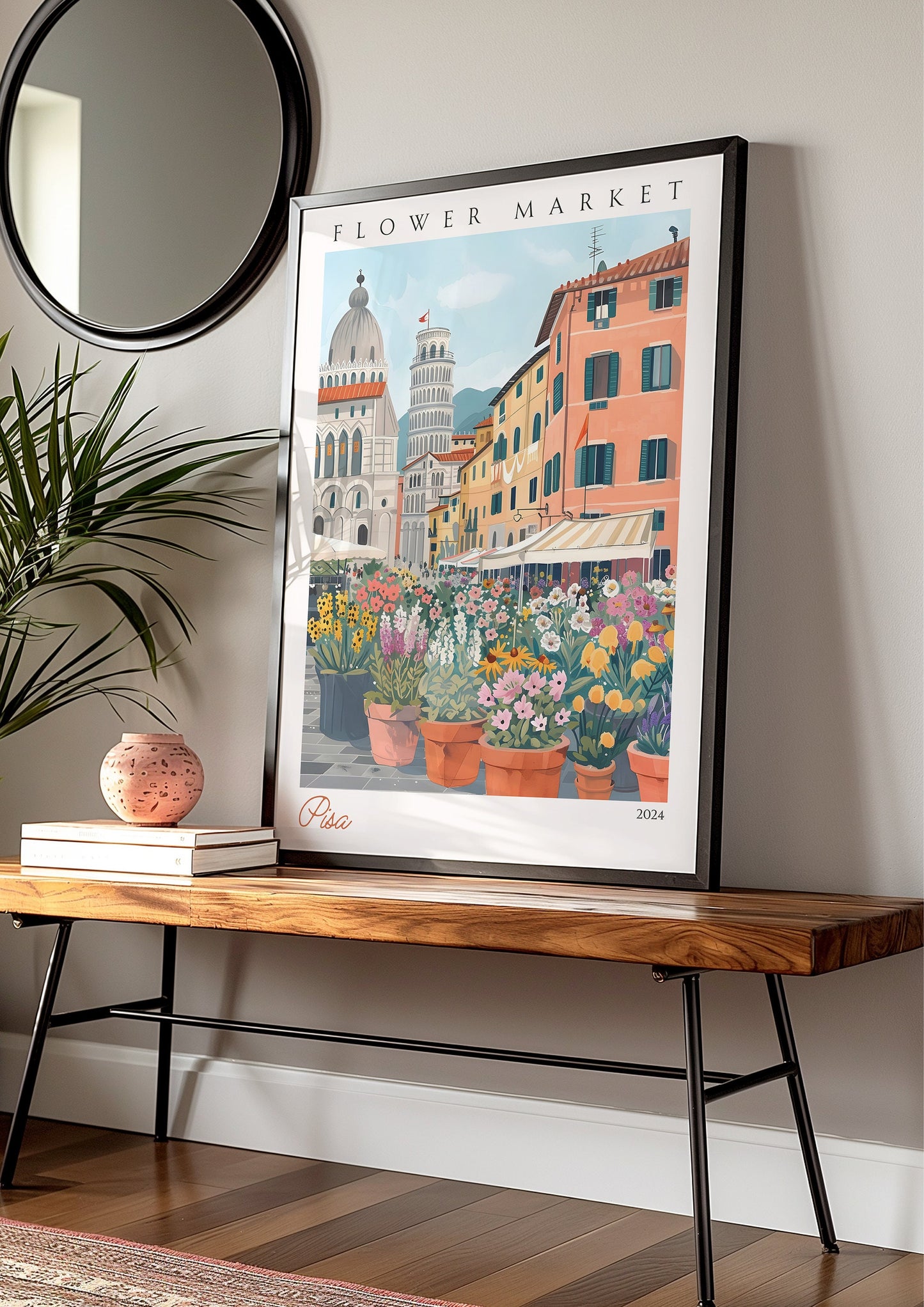 Pisa Flower Market Poster, Leaning Tower of Pisa Wall Art, Italian Travel Print, Tuscany Decor, Pisa City Poster, Italy Flower Market Art