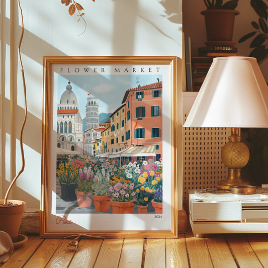 A colorful poster featuring Pisa’s flower market with the Leaning Tower of Pisa and beautiful Italian architecture in the background.