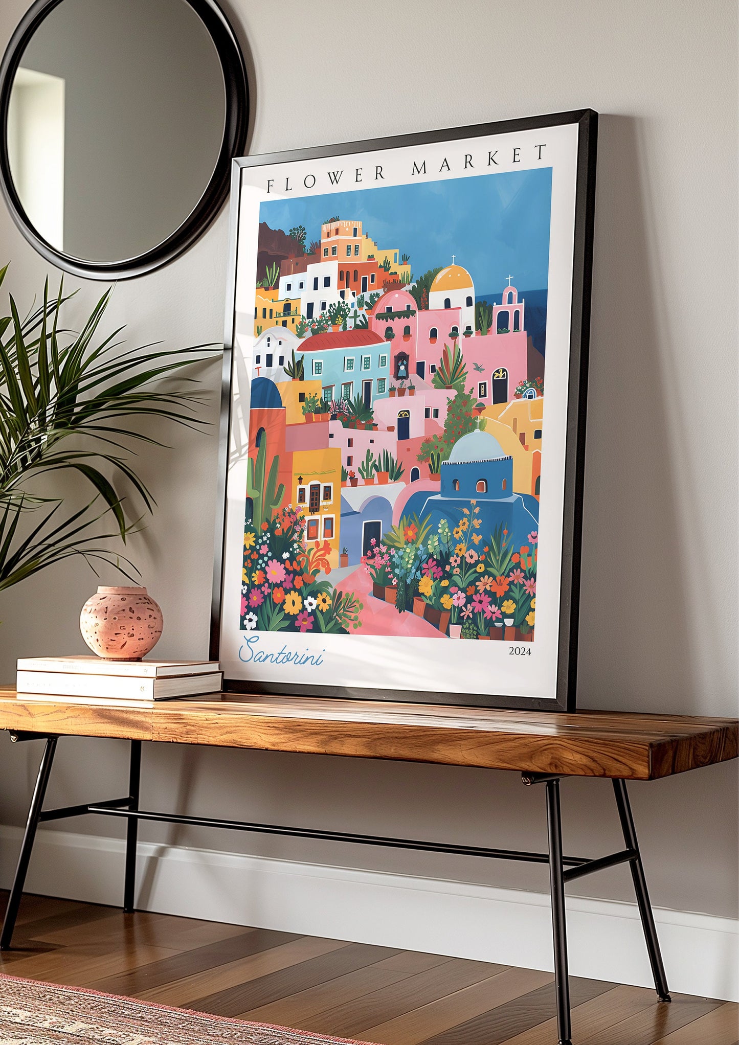 Santorini Flower Market Poster, Greek Island Wall Art, Oia Travel Print, Santorini Greece Art, Mediterranean Decor, Santorini City Poster