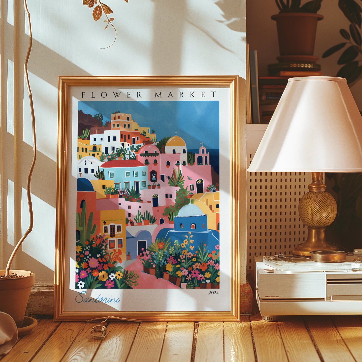 A vibrant poster showcasing Santorini’s flower market with colorful Greek architecture and the iconic domes of Oia in the background.