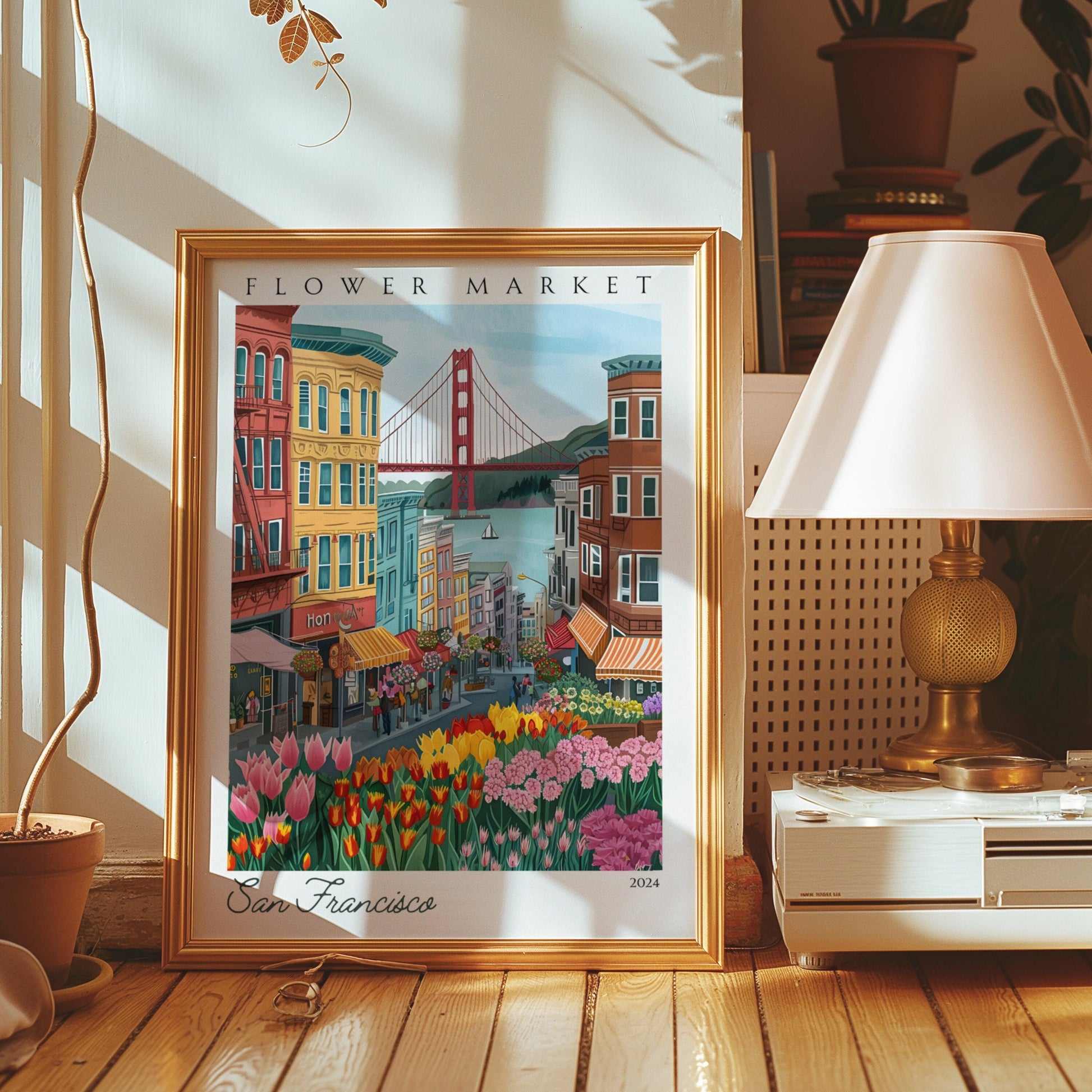 A vibrant poster featuring a flower market scene in San Francisco with colorful buildings and the Golden Gate Bridge in the background.