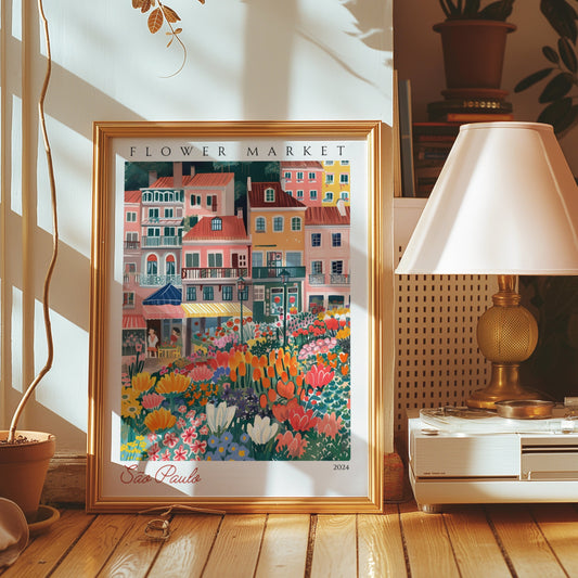 A vibrant poster featuring a flower market scene in São Paulo with colorful buildings and lively floral arrangements.