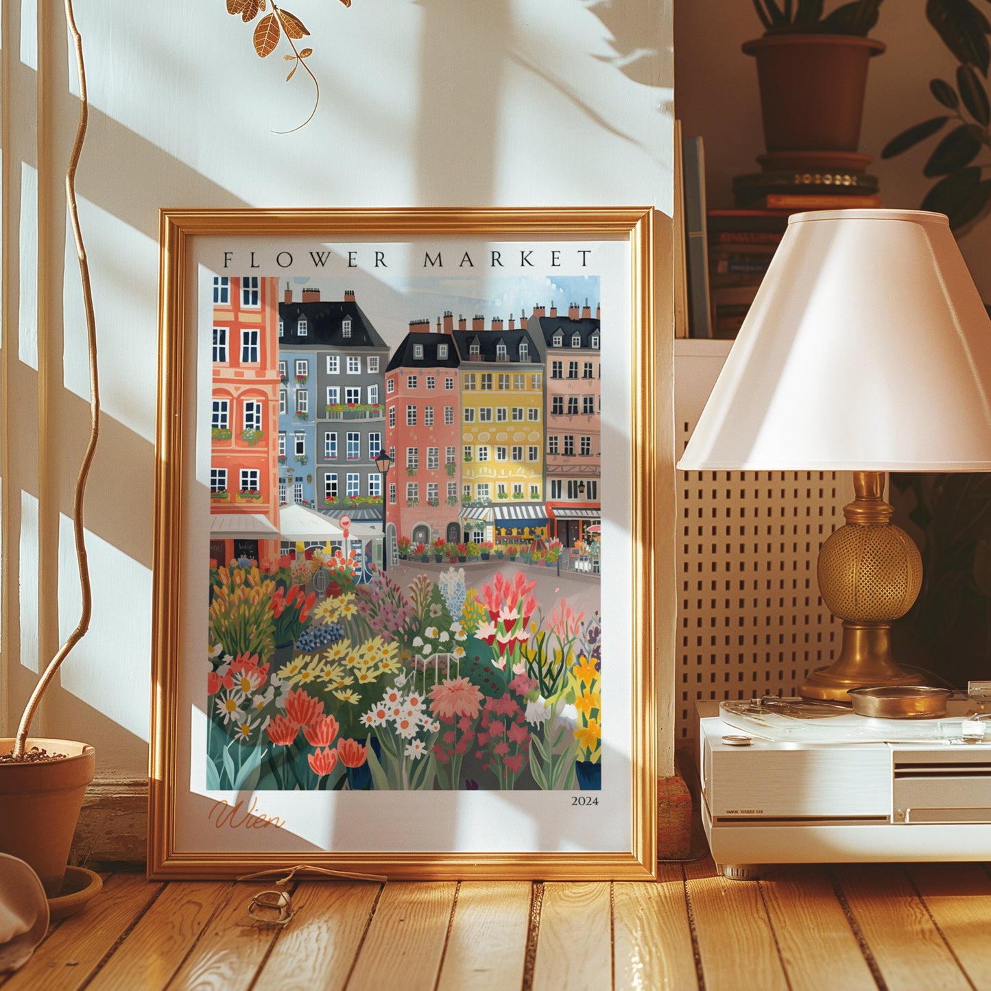 A vibrant poster featuring a flower market scene in Vienna with charming buildings and colorful floral arrangements.