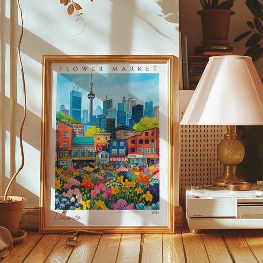 A colorful poster showcasing Toronto’s flower market with the iconic CN Tower and skyline in the background.