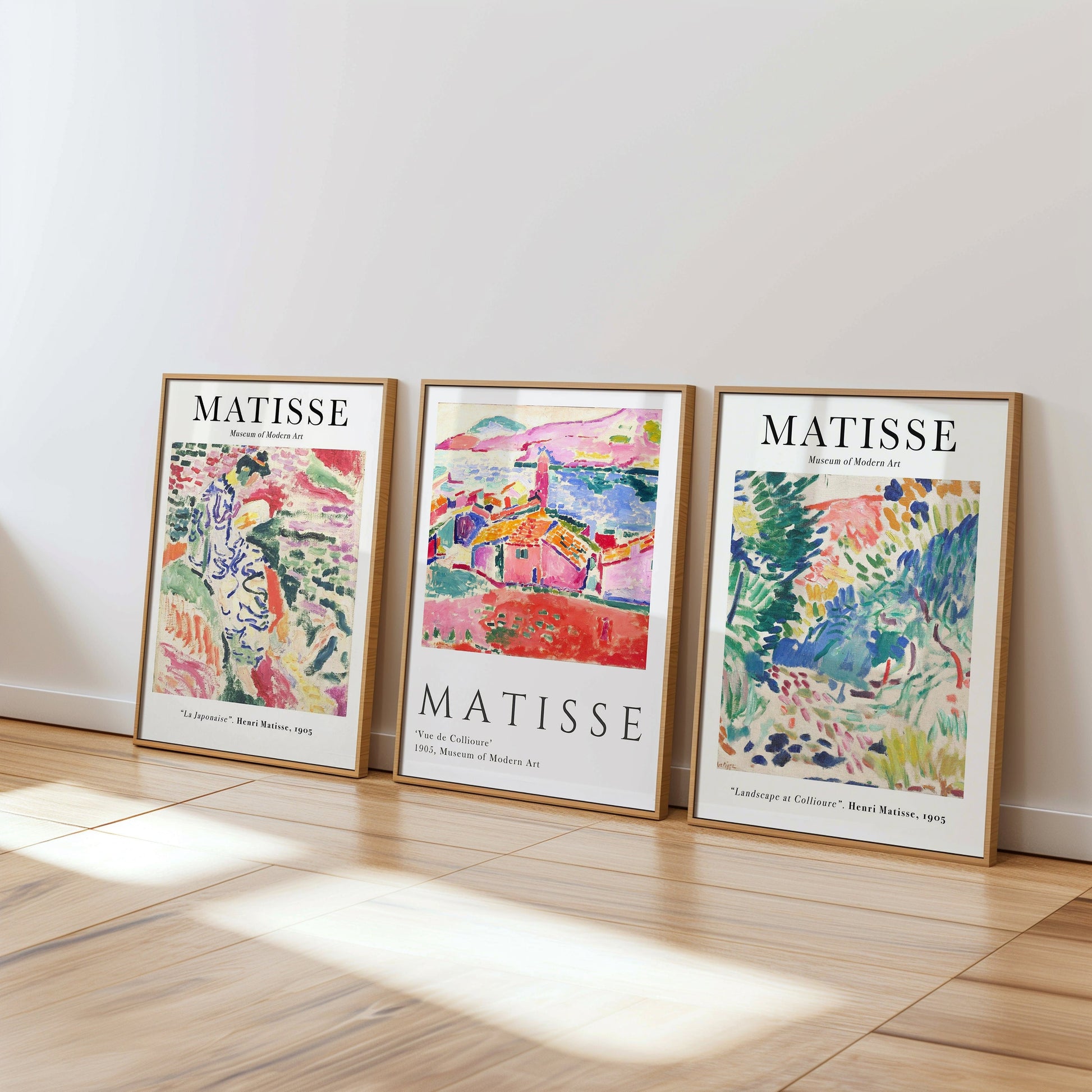 A set of three vibrant Henri Matisse posters featuring his colorful impressionist works &quot;Vue de Collioure,&quot; &quot;Landscape at Collioure,&quot; and &quot;La Japonaise,&quot; perfect for adding a touch of French modern art to any room.