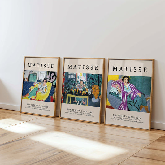 A trio of Henri Matisse posters from the 1953 Berggruen & Cie collection, featuring vibrant impressionist scenes, perfect for adding a modern artistic touch to any space.