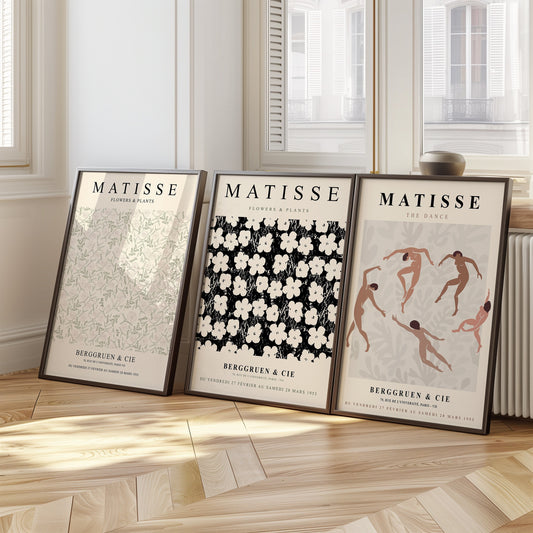 A set of three Henri Matisse posters featuring floral designs and &quot;The Dance&quot; from the Berggruen & Cie collection, perfect for modern minimalist decor.