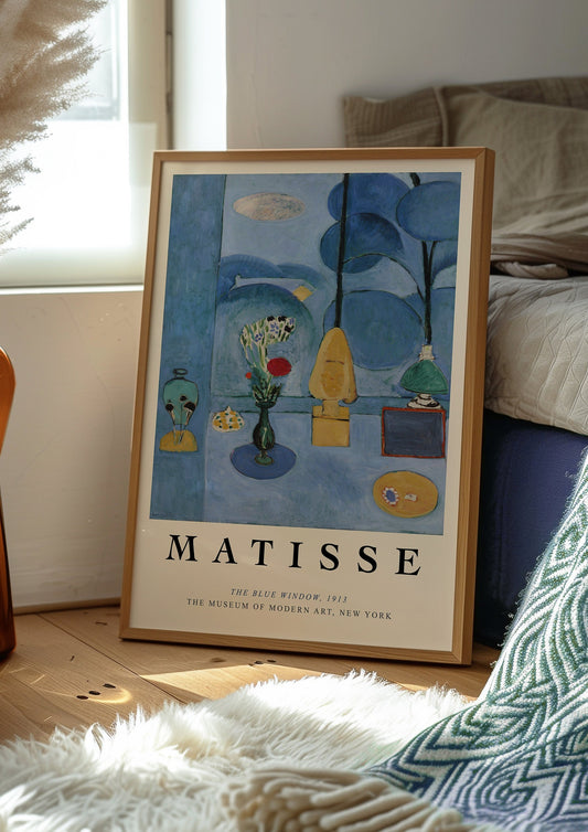 Henri Matisse&#39;s &quot;The Blue Window&quot; poster, a beautiful modernist artwork in vibrant blue tones, perfect for sophisticated home decor.