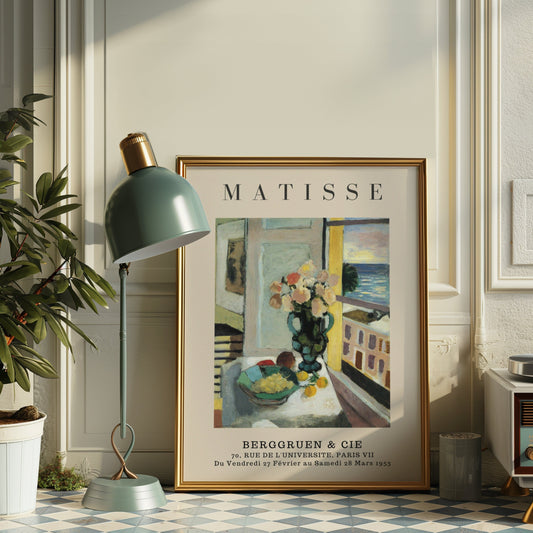 A Henri Matisse still life poster displayed on a retro setup with a record player, capturing a vibrant floral arrangement in an impressionist style.