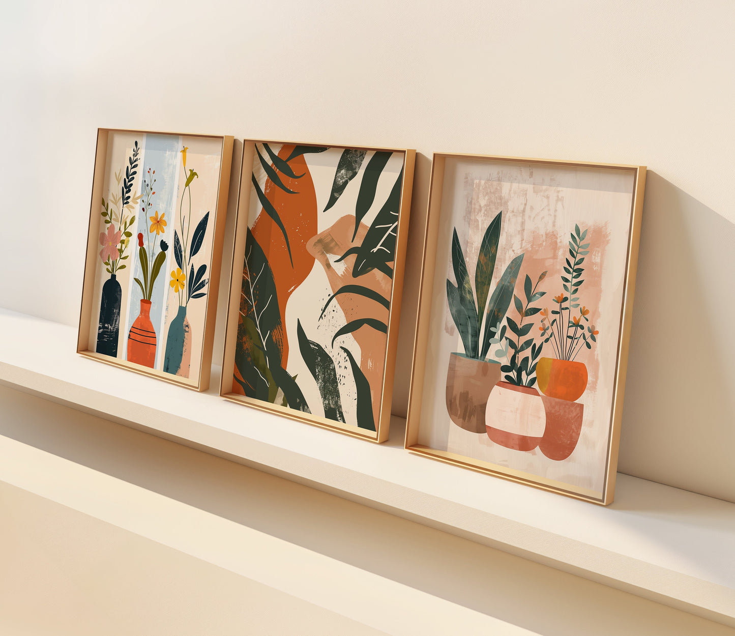 A set of three boho botanical wall art prints in earthy tones, featuring abstract plant designs in a mid-century modern style, perfect for adding a rustic touch to living room decor.