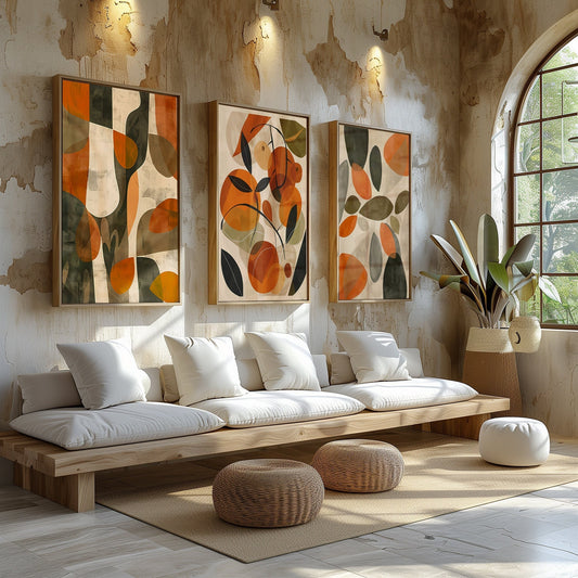 A trio of art prints inspired by autumn leaves, featuring rich warm tones and abstract designs, displayed above a contemporary sofa in a stylish living room.