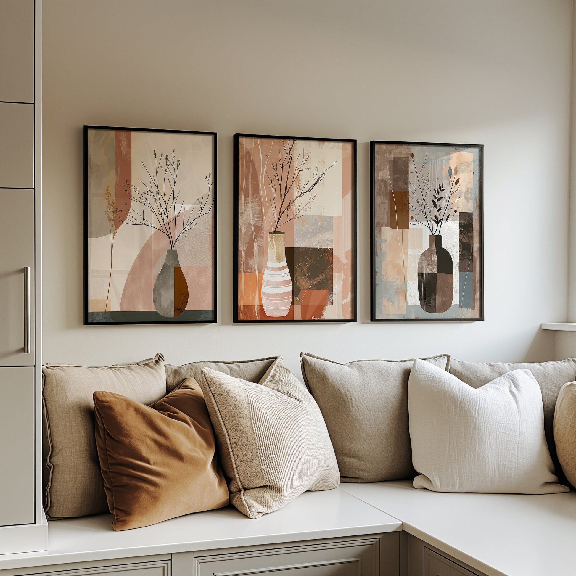 A set of three abstract botanical wall art prints featuring vases with minimalist plant designs in earthy tones of brown, beige, and terracotta, beautifully framed and displayed above a wooden sideboard in a stylish, sunlit living room.