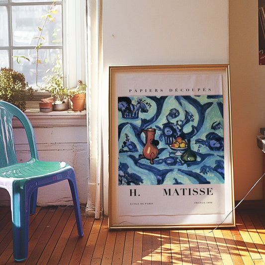 A vibrant Matisse-inspired still life featuring bold blue and white abstract patterns, adding a unique touch to any contemporary living space.