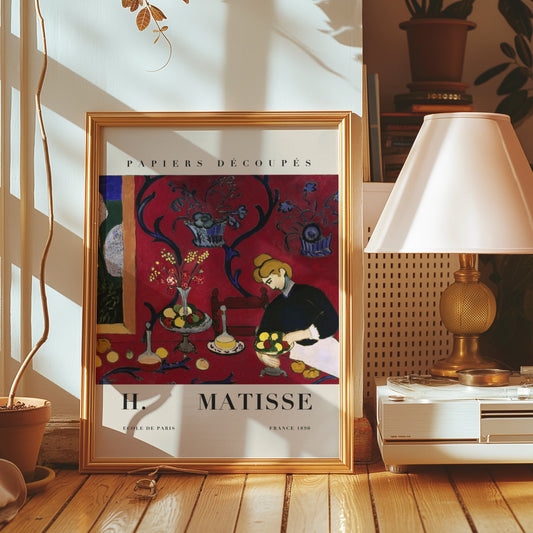 A vivid art print inspired by Matisse&#39;s Red Room, featuring bold red and blue tones with a striking still life composition, perfect for adding vibrancy to your living space.