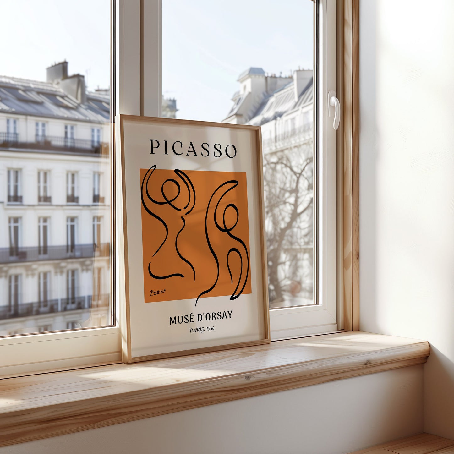 Picasso Abstract Line Art Poster, Minimalist Figure Drawing, Orange and Black Wall Art, Musee D'Orsay Reproduction, Modern Art Print, Poster