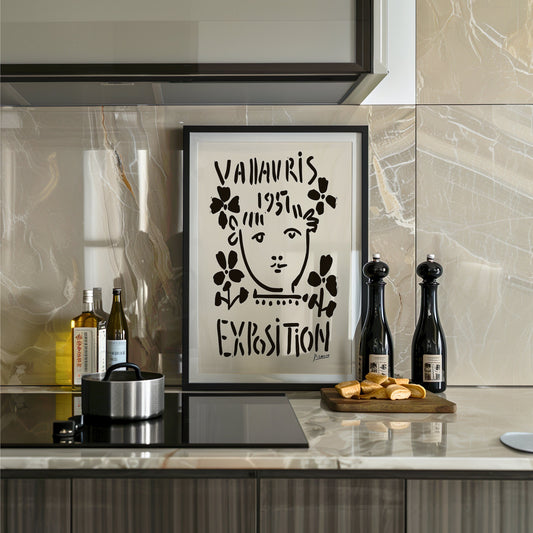 A minimalist black-and-white Picasso portrait from the Vallauris 1951 exposition, showcasing his distinct artistic style, perfect for modern home decor.