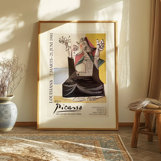 A Picasso exhibition poster from Louisiana Museum, featuring an abstract robotic figure in expressive motion, framed in a minimalistic setting.