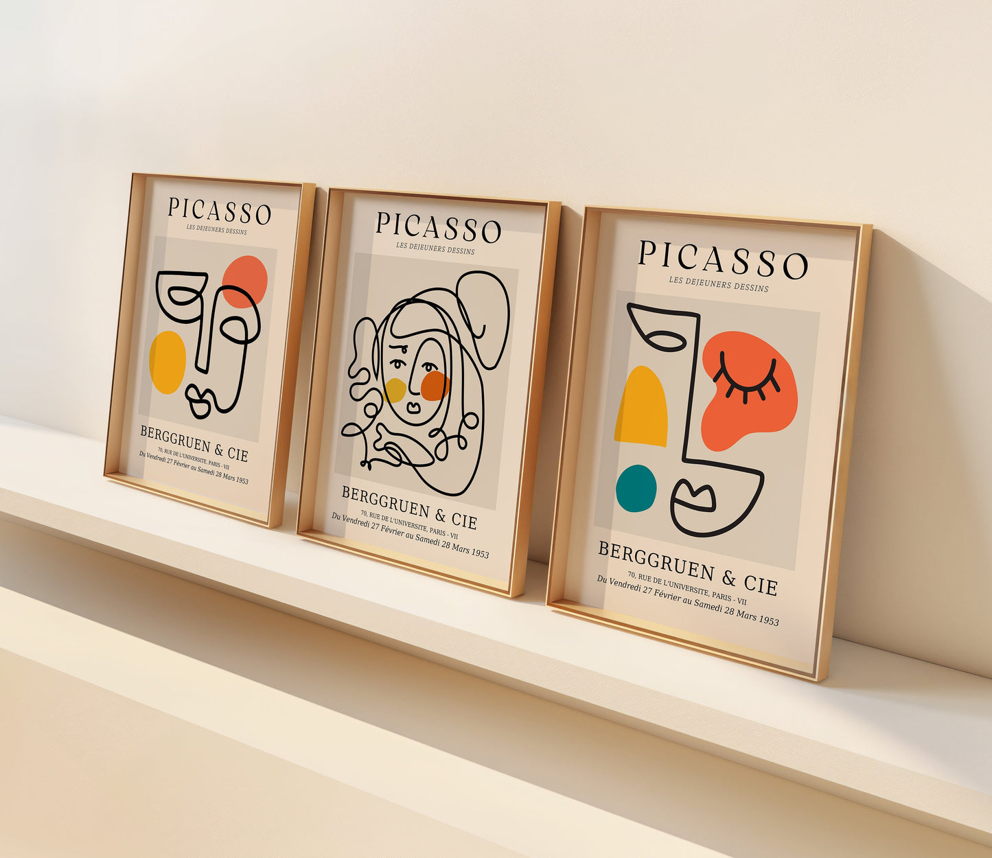 Picasso Wall Art Set, Abstract Line Art, Set of Three Minimalist Posters, Berggruen & Cie Exhibition 1953, Picasso Face Prints, Modern Art