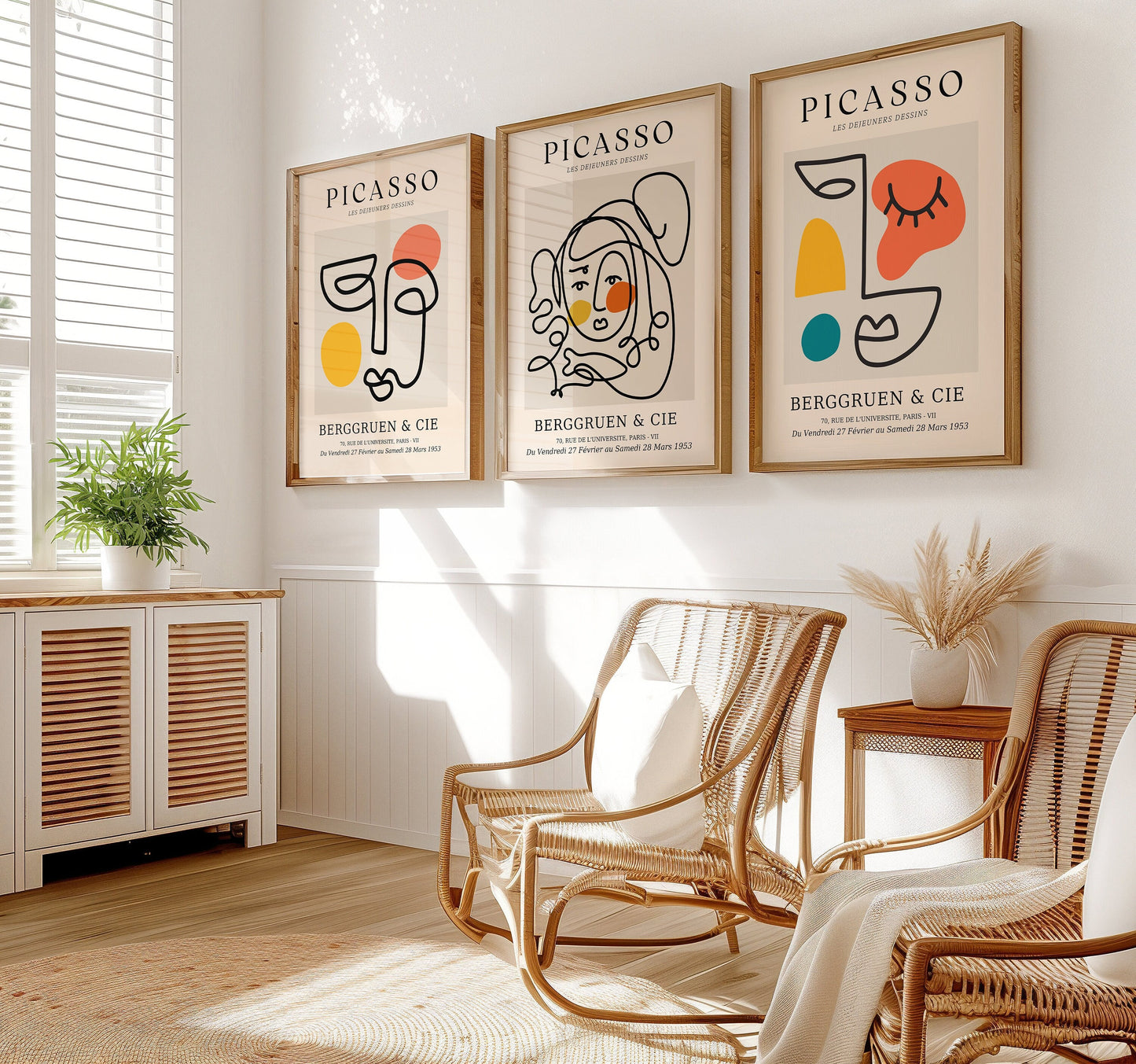 A set of three minimalist Picasso posters featuring abstract line art faces with pops of color, showcasing Picasso’s unique modern style.