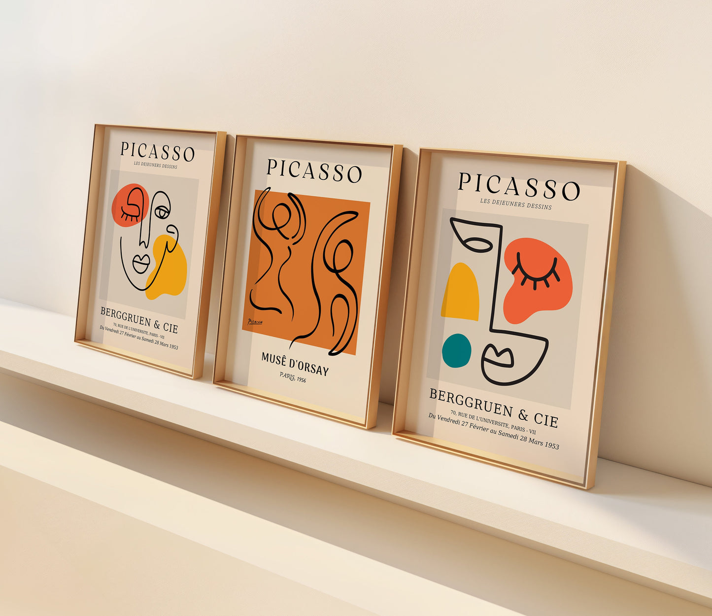 Picasso Wall Art Set, Modern Line Art Posters, Set of Three Abstract Prints, Musee d'Orsay and Berggruen & Cie 1956, Picasso Face Art