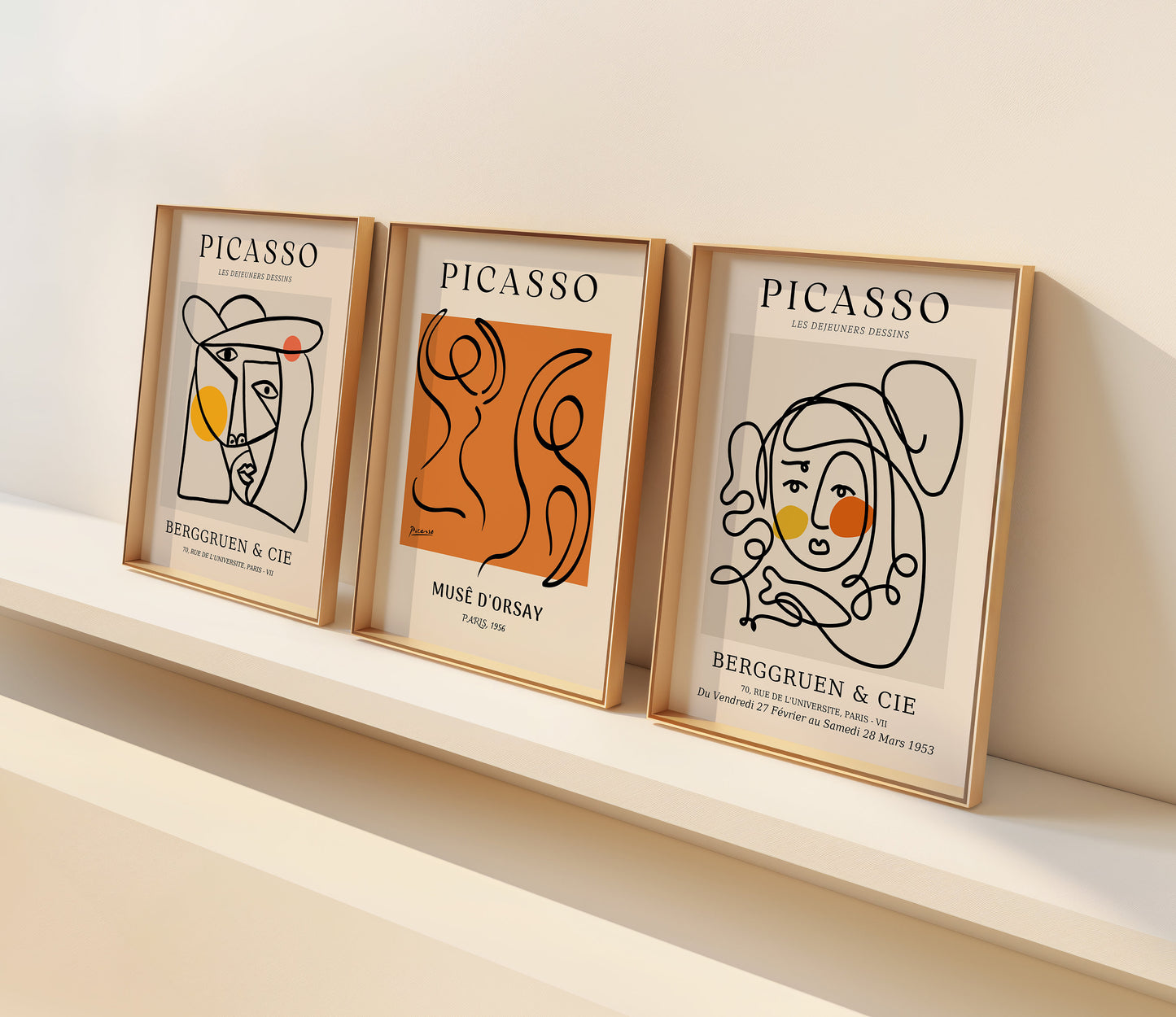 Picasso Art Set of Three, Minimalist Line Art Prints, Berggruen & Cie Exhibition Posters, Abstract Picasso Face Art, Modern Wall Art