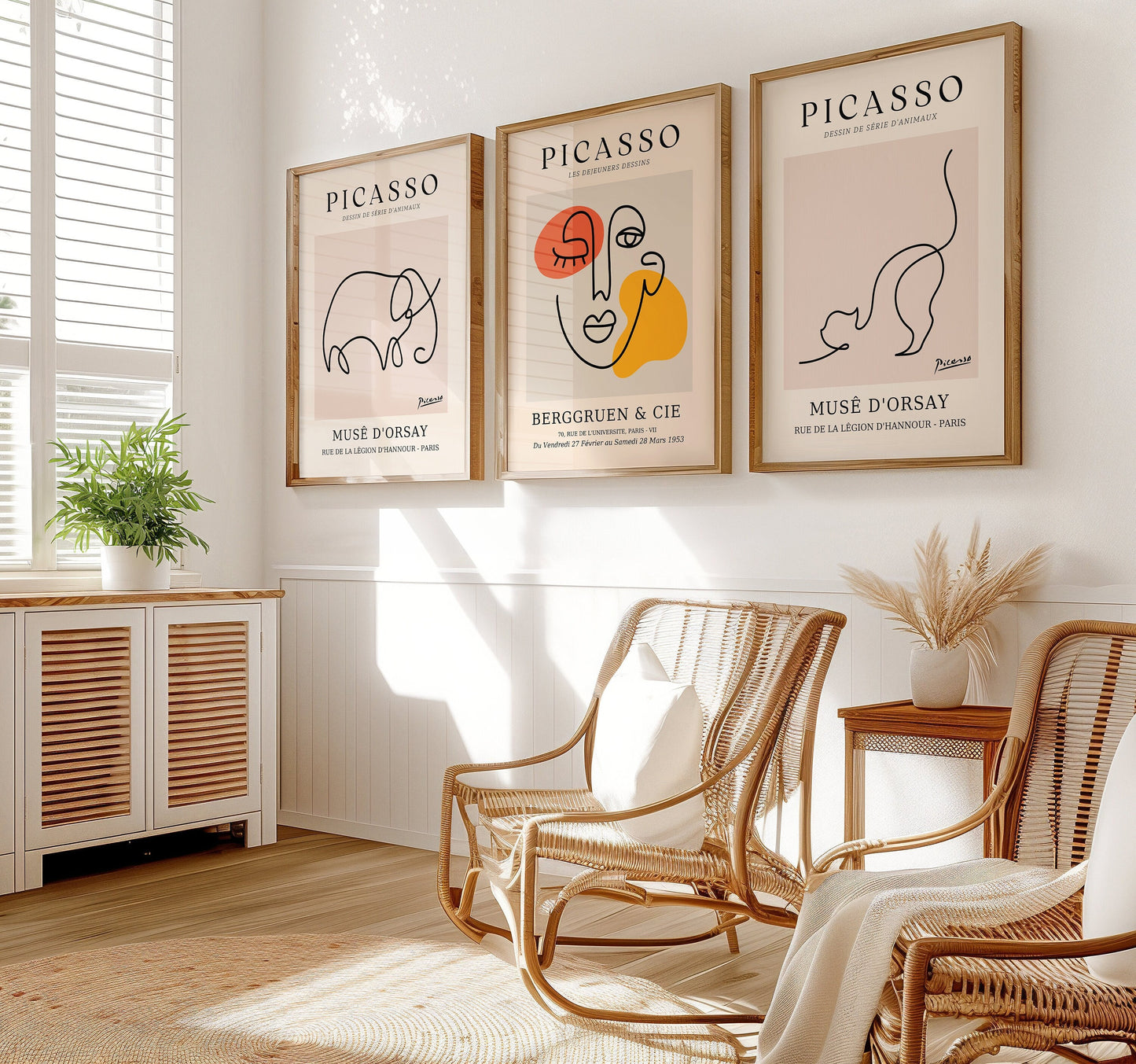 A set of three Picasso-style posters featuring a minimalist cat, an abstract face with bold colors, and a line art elephant, perfect for modern interiors.