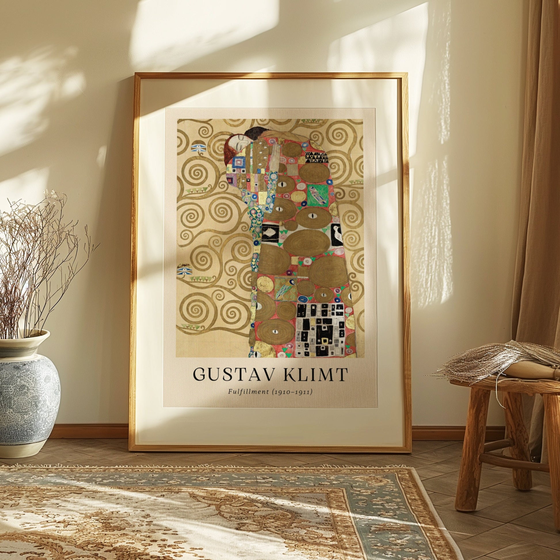 A Gustav Klimt poster featuring the iconic artwork &quot;Fulfillment (1910-1911)&quot; with its gold detailing and intricate abstract patterns, bringing a touch of Art Nouveau to your living space.