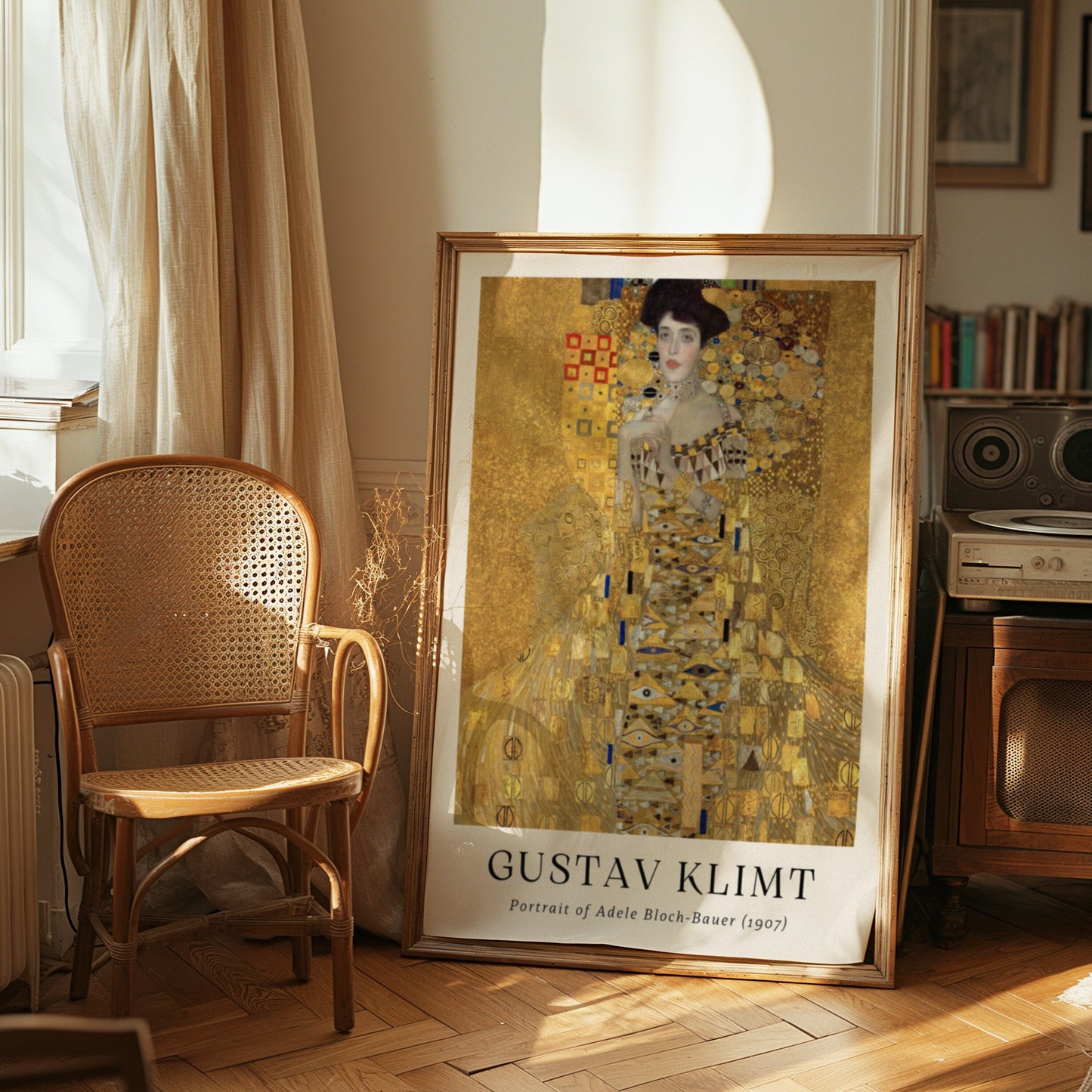 A Gustav Klimt poster featuring the famous &quot;Portrait of Adele Bloch-Bauer,&quot; a luxurious and detailed Art Nouveau painting with vibrant gold accents, symbolizing wealth and sophistication.