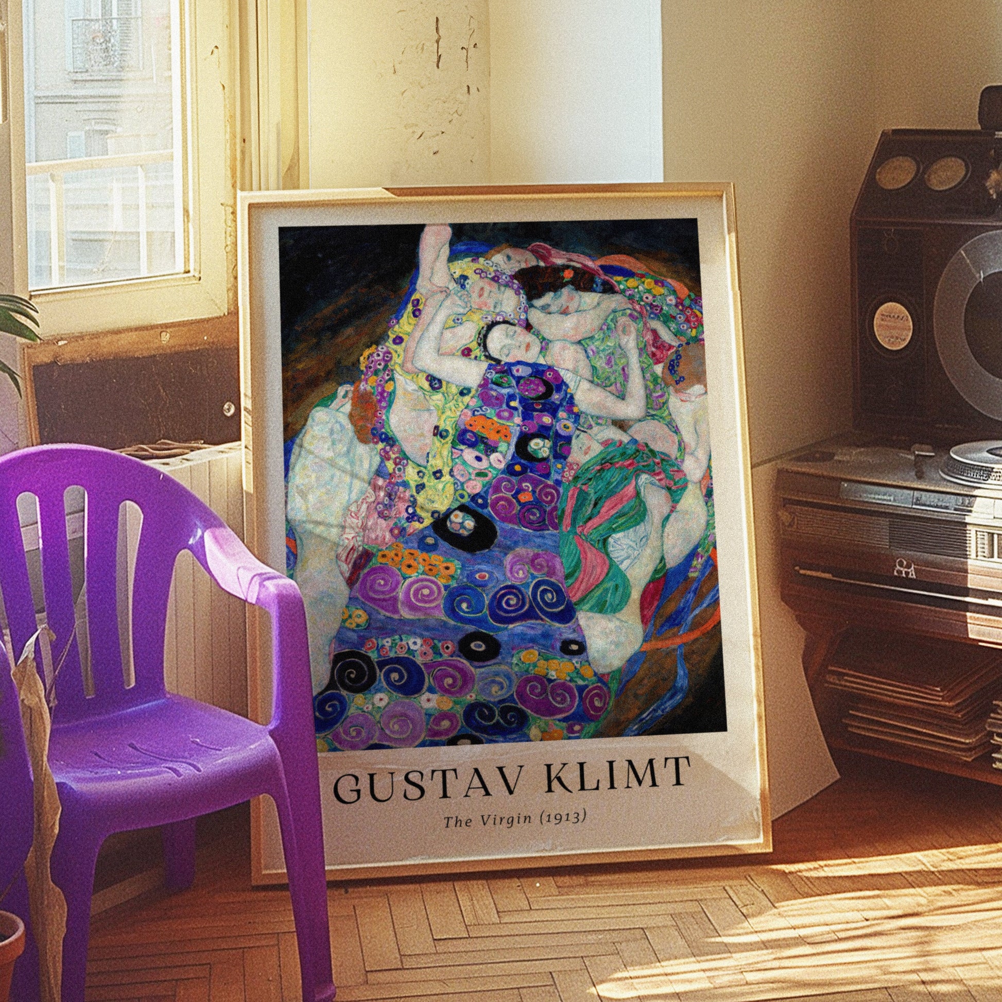 A Gustav Klimt poster featuring &quot;The Virgin,&quot; a vibrant and intricate artwork showcasing a swirl of colors, feminine figures, and a symbolic representation of purity and transformation.