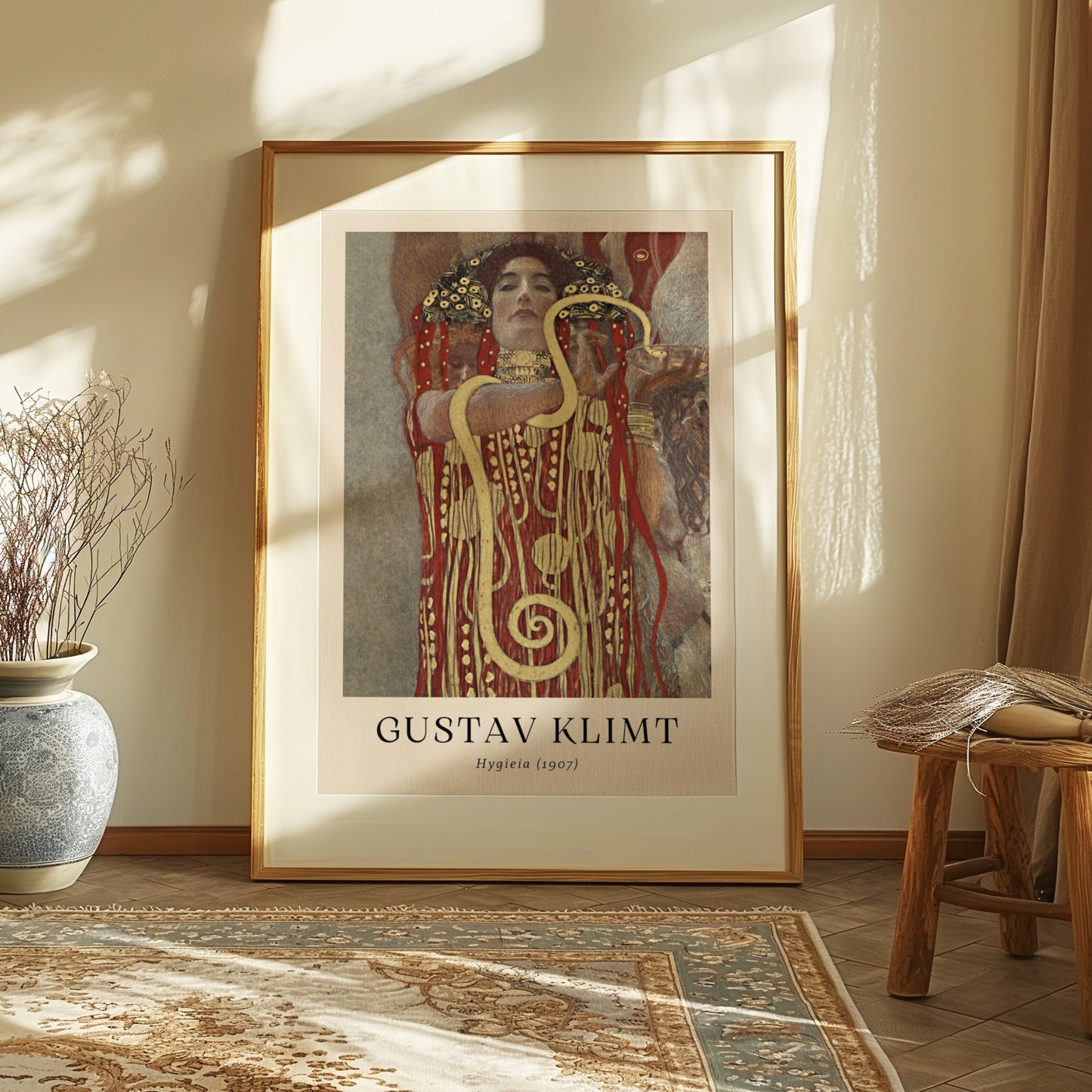 A Gustav Klimt poster featuring &quot;Hygeia,&quot; depicting the Greek goddess of health in an intricate Art Nouveau style.