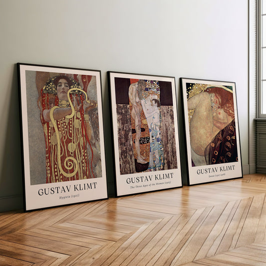 A set of three Gustav Klimt posters, featuring Hygeia, The Three Ages of Woman, and Danae, showcasing Klimt’s renowned Art Nouveau style.