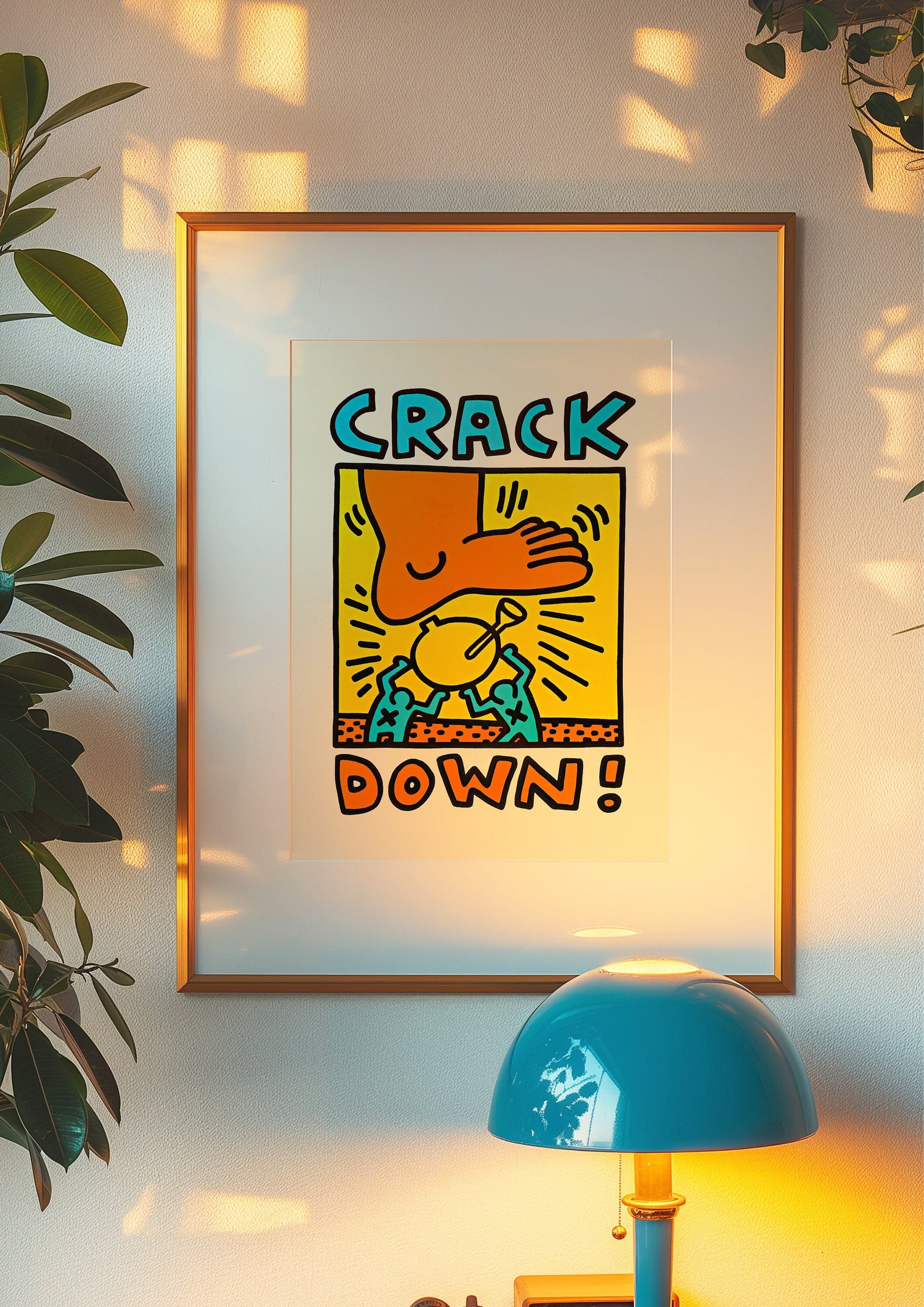 Keith Haring&#39;s &quot;Crack Down&quot; poster, featuring a bold and colorful anti-drug message, framed in a modern living space with warm lighting and vibrant surroundings.