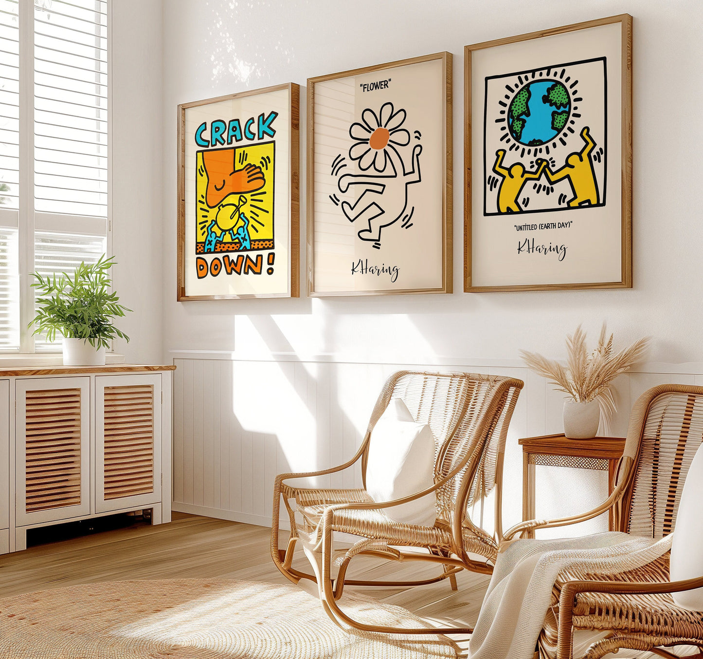 A set of three Keith Haring posters: &quot;Untitled Earth Day,&quot; &quot;Flower,&quot; and &quot;Crack Down&quot; displayed in a modern room with wooden floors, showcasing bright and bold colors.