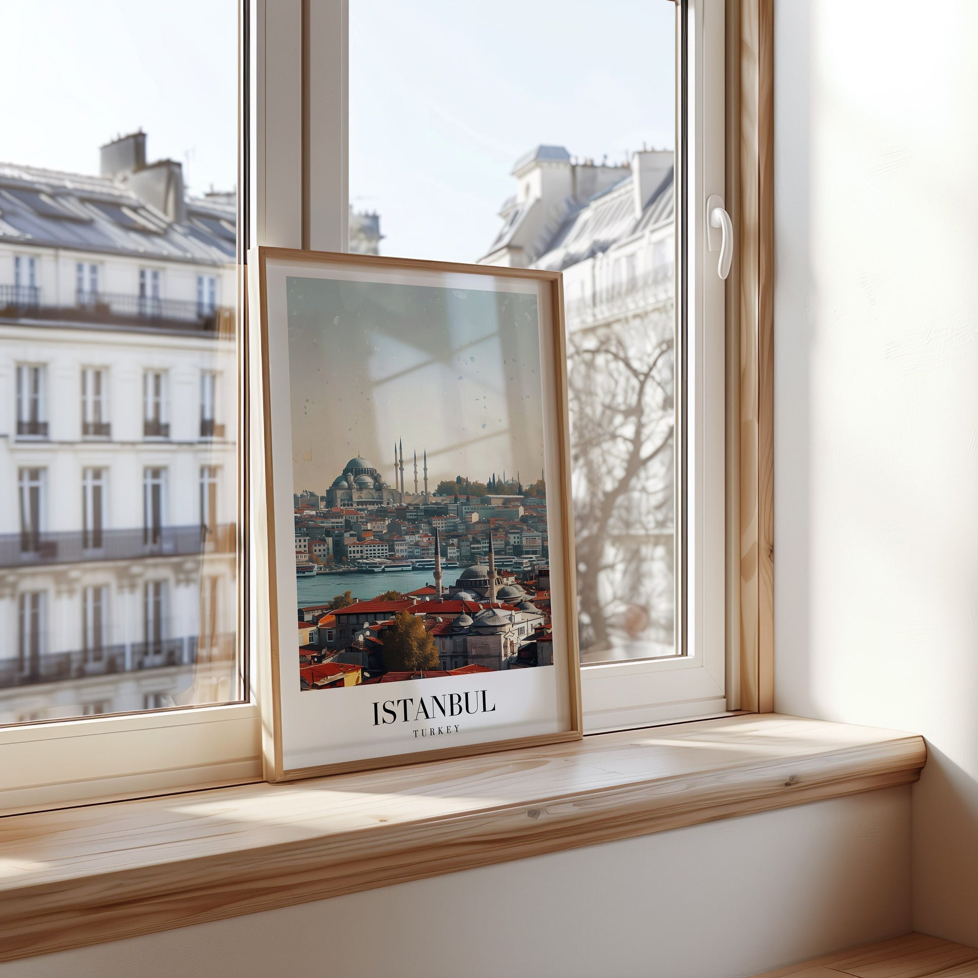 A framed poster of Istanbul&#39;s city skyline featuring the iconic mosques, the Bosphorus, and a historic view of the city&#39;s architecture.