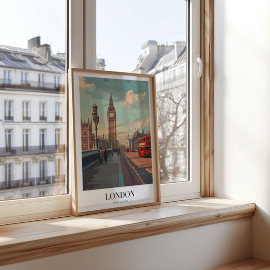 A framed poster of Big Ben and the Houses of Parliament with a classic red double-decker bus crossing Westminster Bridge on a picturesque London day.