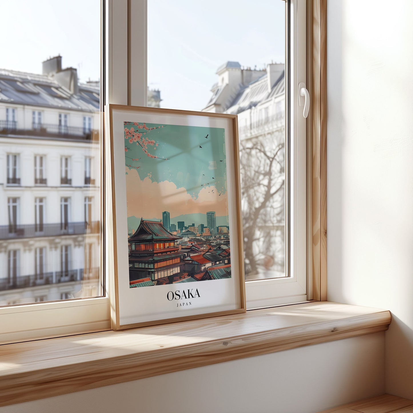 A framed poster featuring the skyline of Osaka with a traditional Japanese temple and cherry blossoms in the foreground, blending modern and historical elements of the city.