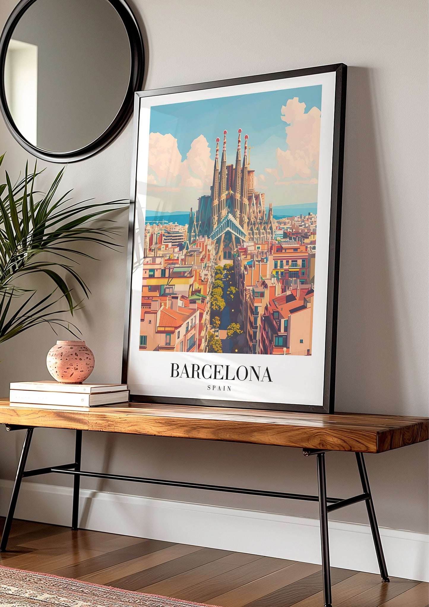 Barcelona Poster, Sagrada Familia Print, Barcelona Cityscape Wall Art, Retro Travel Poster, Spain Architecture Art, Barcelona Landmark Decor