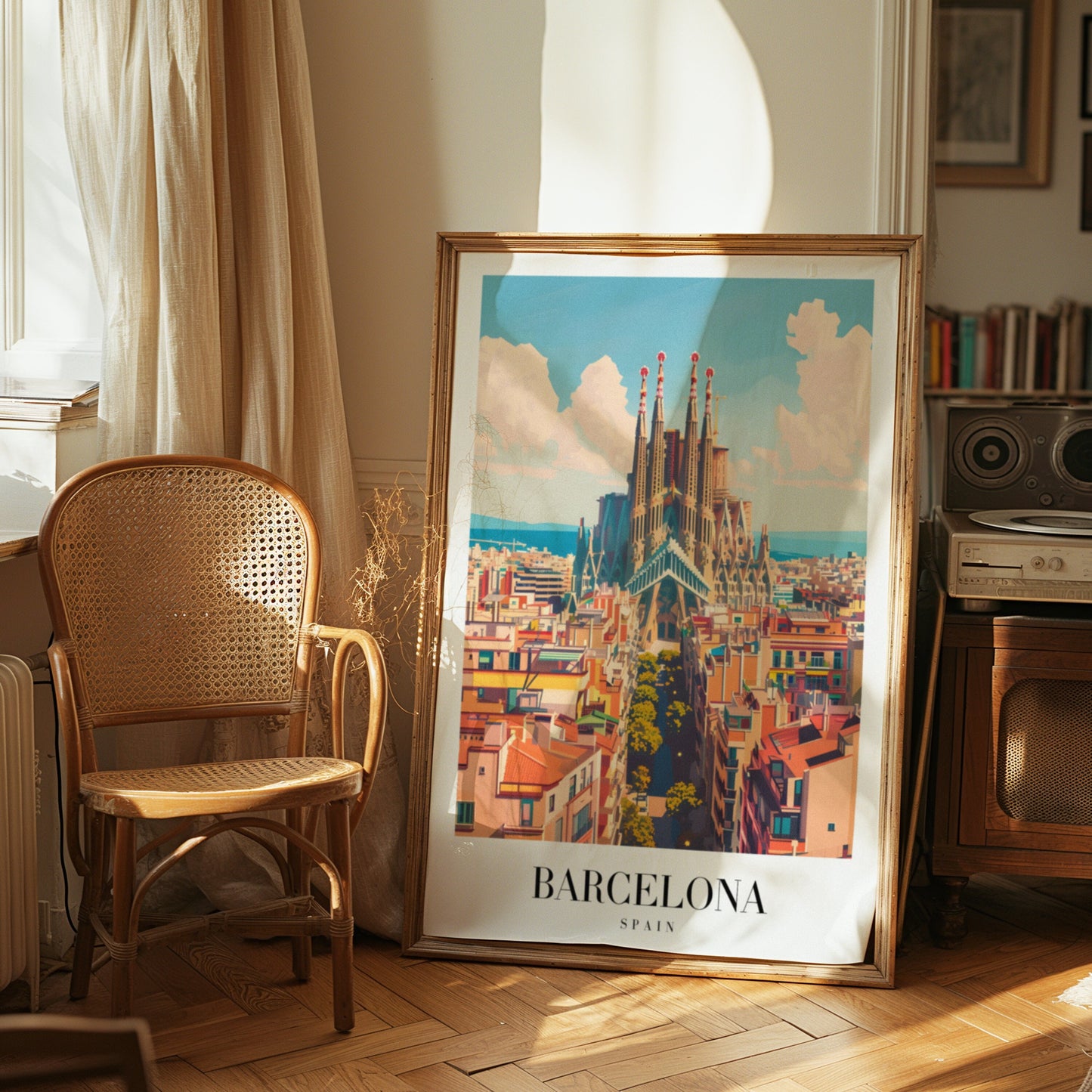 Barcelona Poster, Sagrada Familia Print, Barcelona Cityscape Wall Art, Retro Travel Poster, Spain Architecture Art, Barcelona Landmark Decor