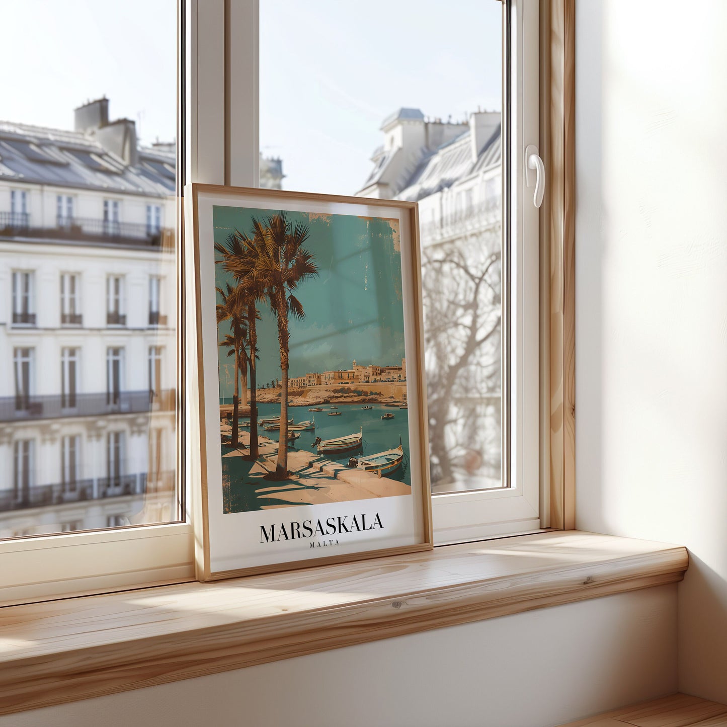 A framed poster of Marsaskala, Malta, featuring palm trees and boats docked along the serene Mediterranean shoreline.