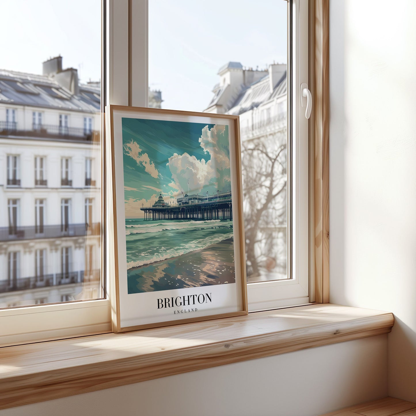 A framed poster featuring Brighton&#39;s iconic pier under a bright, blue sky, with reflections of the pier and clouds in the calm waters.